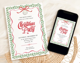 Holiday Party Invitation Digital Template | Christmas Party Open House | Annual Party | Print or Text | Editable | Holly Bells | Traditional