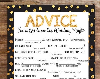 Wedding Night Mad Lib | Bachelorette Party Printable Game | Advice for the Bride on her Wedding Night | Download and Print | Printable Game
