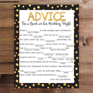 Dirty Mad Lib | Bachelorette Party Game | Advice for the Bride | Wedding Madlib | Bachelorette Party | Lingerie Party | Printable Game |Gold