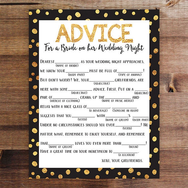 Dirty Mad Lib | Bachelorette Party Game | Advice for the Bride | Wedding Madlib | Bachelorette Party | Lingerie Party | Printable Game |Gold