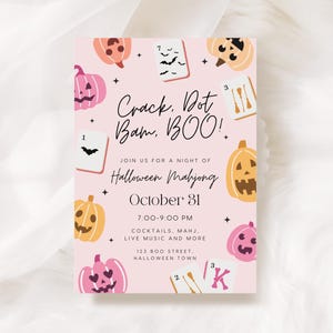 May include: A pink Halloween-themed invitation with the text "Crack, Dot, Bam, BOO!" and "Halloween Mahjong." The design includes illustrations of pumpkins, bats, and Mahjong tiles. The event is on October 31st.