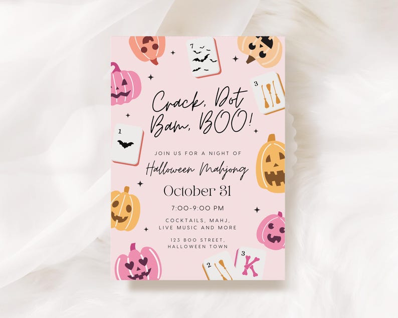 May include: A pink Halloween-themed invitation with the text "Crack, Dot, Bam, BOO!" and "Halloween Mahjong." The design includes illustrations of pumpkins, bats, and Mahjong tiles. The event is on October 31st.