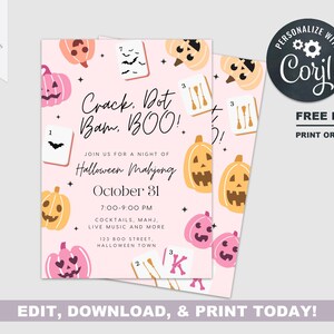 May include: Pink Halloween Mahjong party invitation with pumpkin and bat illustrations. The invitation includes the text "Crack. Dot. Bam. BOO!" and event details for October 31st, 7:00-9:00 PM. The invitation is customizable with Corjl.