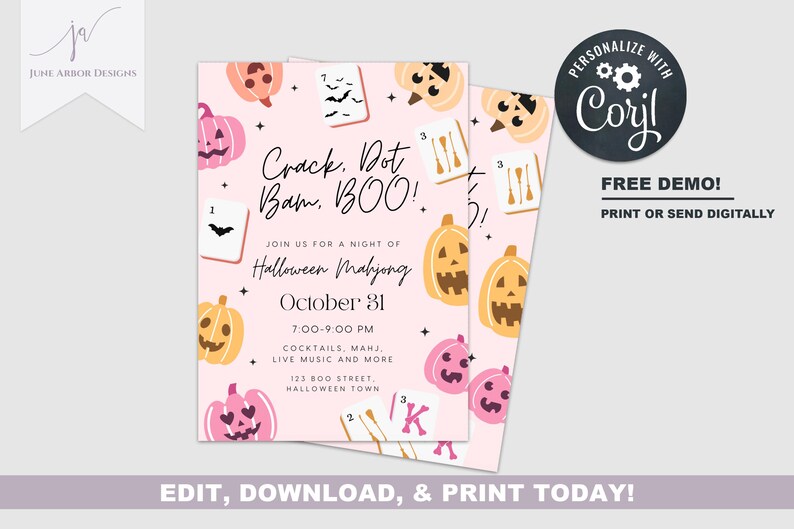 May include: Pink Halloween Mahjong party invitation with pumpkin and bat illustrations. The invitation includes the text "Crack. Dot. Bam. BOO!" and event details for October 31st, 7:00-9:00 PM. The invitation is customizable with Corjl.