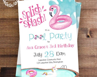 Pool Birthday Party Invitation | Pool Party Invite | Girl's Birthday | Flamingo Float | Unicorn Float | Summer | Splish Splash | Pink