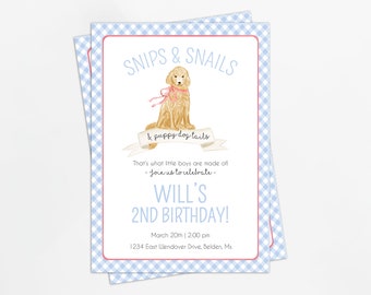 Snips & Snails Boys Birthday invite | Dog Party | Pawty | Golden Retriever Watercolor Bday invitation | Gingham | Digital or Print yourself!