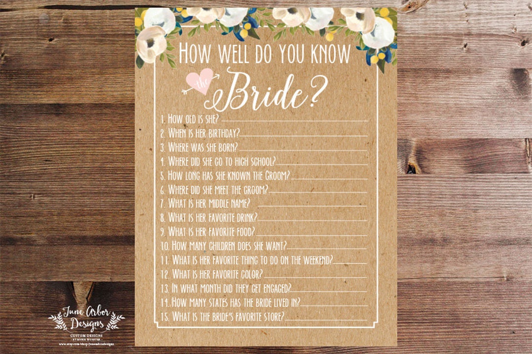 Printable Question Game Bridal Shower Question Game How - Etsy