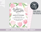 Spring Baby Shower Invitation | Watercolor Pink Tulips | Baby Girl Shower Instant Download Invite | Pink and Green | Summer | Baby Girl