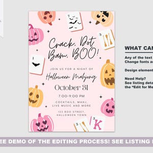 May include: A pink Halloween Mahjong invitation with pumpkins, bats, and game tiles. The text reads "Crack, Dot, Bam, BOO!" and includes event details for October 31st, 7:00-9:00 PM, with cocktails, live music, and more.