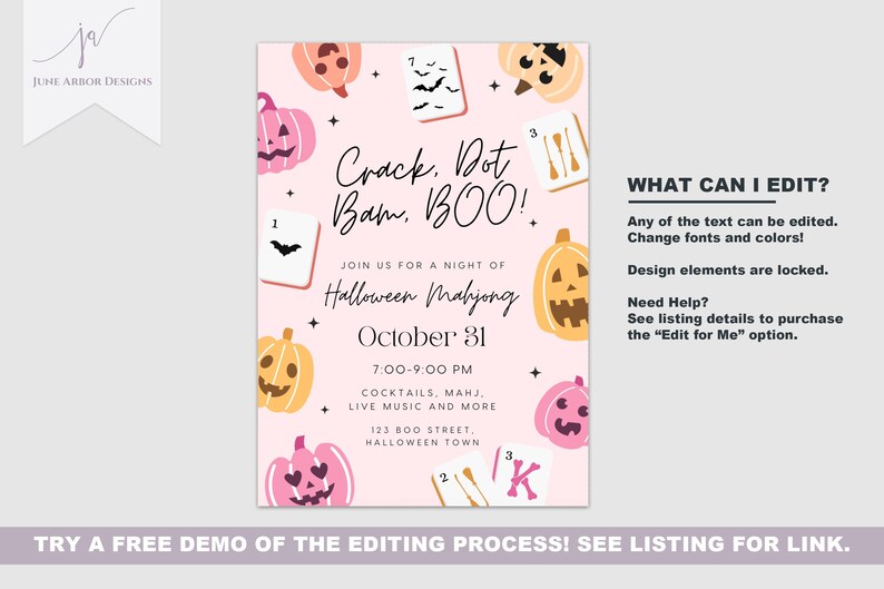 May include: A pink Halloween Mahjong invitation with pumpkins, bats, and game tiles. The text reads "Crack, Dot, Bam, BOO!" and includes event details for October 31st, 7:00-9:00 PM, with cocktails, live music, and more.