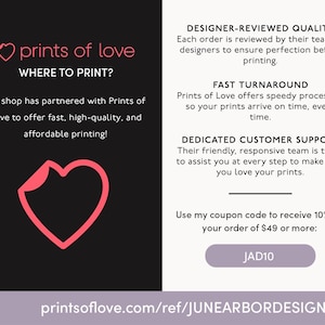 May include: A promotional graphic for Prints of Love, featuring a pink heart logo and text on a black background. The text highlights designer-reviewed quality, fast turnaround, and dedicated customer support. A coupon code is also included.