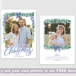 May include: A Christmas card with a blue and green wreath design. The card features a photo of a family with the text "Merry Christmas" and "The Worster 2022".