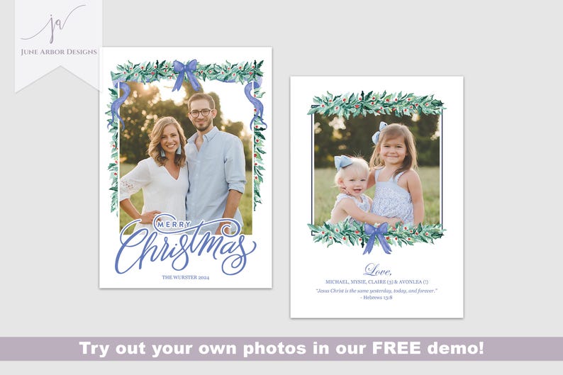 May include: A Christmas card with a blue and green wreath design. The card features a photo of a family with the text "Merry Christmas" and "The Worster 2022".