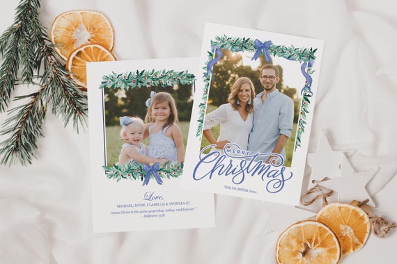 Watercolor Holly Blue Christmas Photo Card Template (DIY Edit & Print)