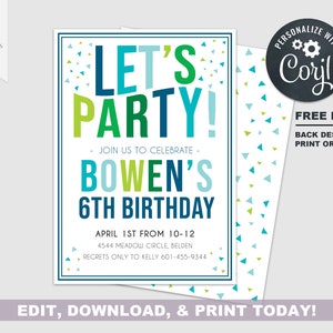 Blue & Green Boy Birthday Invitation | Edit Right Away! | Confetti Ombre Party | Instant Download