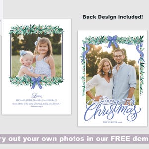 May include: A Christmas card template with a watercolor wreath design featuring blue bows and green leaves. The front of the card has a photo of two girls, while the back of the card has a photo of a couple and the text "Merry Christmas".