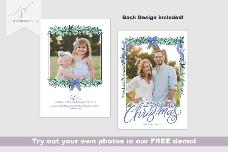 May include: A Christmas card template with a watercolor wreath design featuring blue bows and green leaves. The front of the card has a photo of two girls, while the back of the card has a photo of a couple and the text "Merry Christmas".