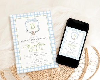 Teddy Bear Baby Shower Invitation: Blue Stripe, Green Watercolor (Editable Template)