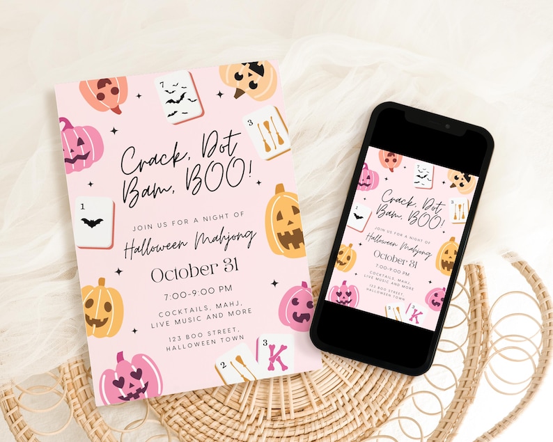 May include: A pink Halloween Mahjong invitation with pumpkins and game tiles. The invitation reads "Crack, Dot, Bam, BOO!" and includes event details like the date, time, and location. A smartphone displays the same invitation.