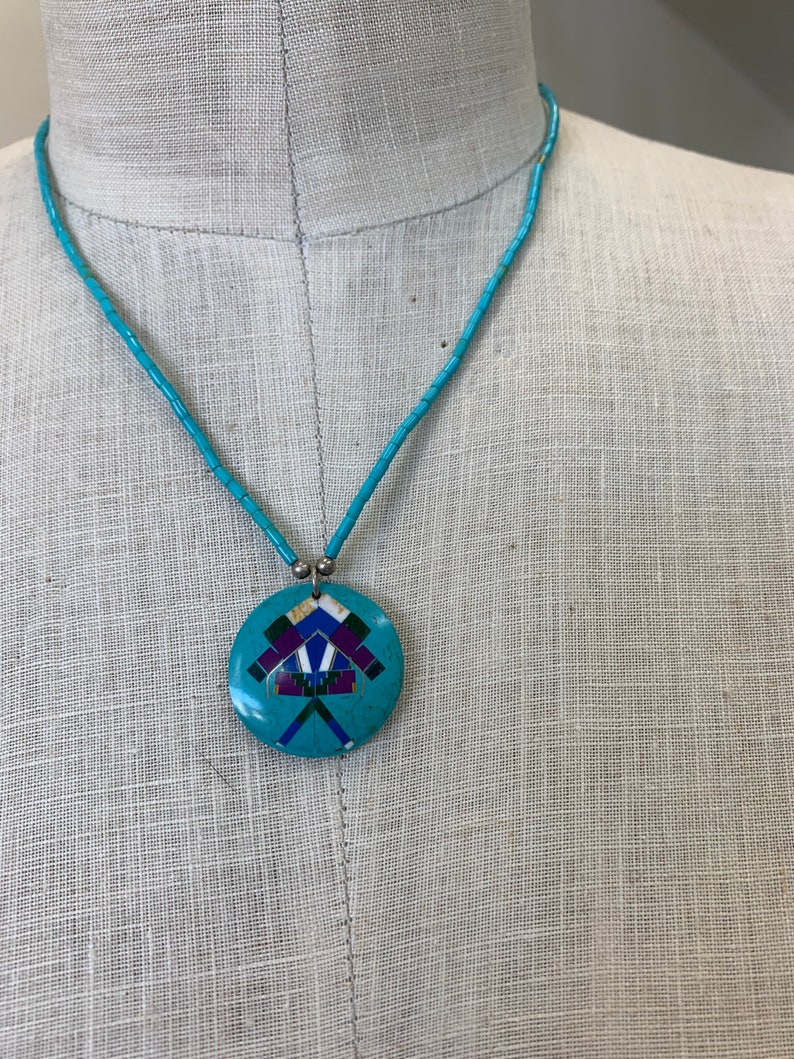 Stamped 925 Sterling Silver Turquoise Bead Gemstone Inlay Necklace
