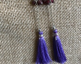 Artisan Made Garnets & Purple Tassel Drop Earrings