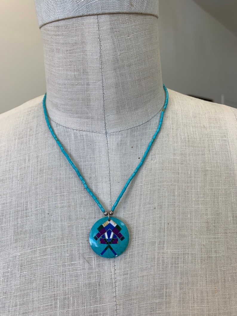 Stamped 925 Sterling Silver Turquoise Bead Gemstone Inlay Necklace