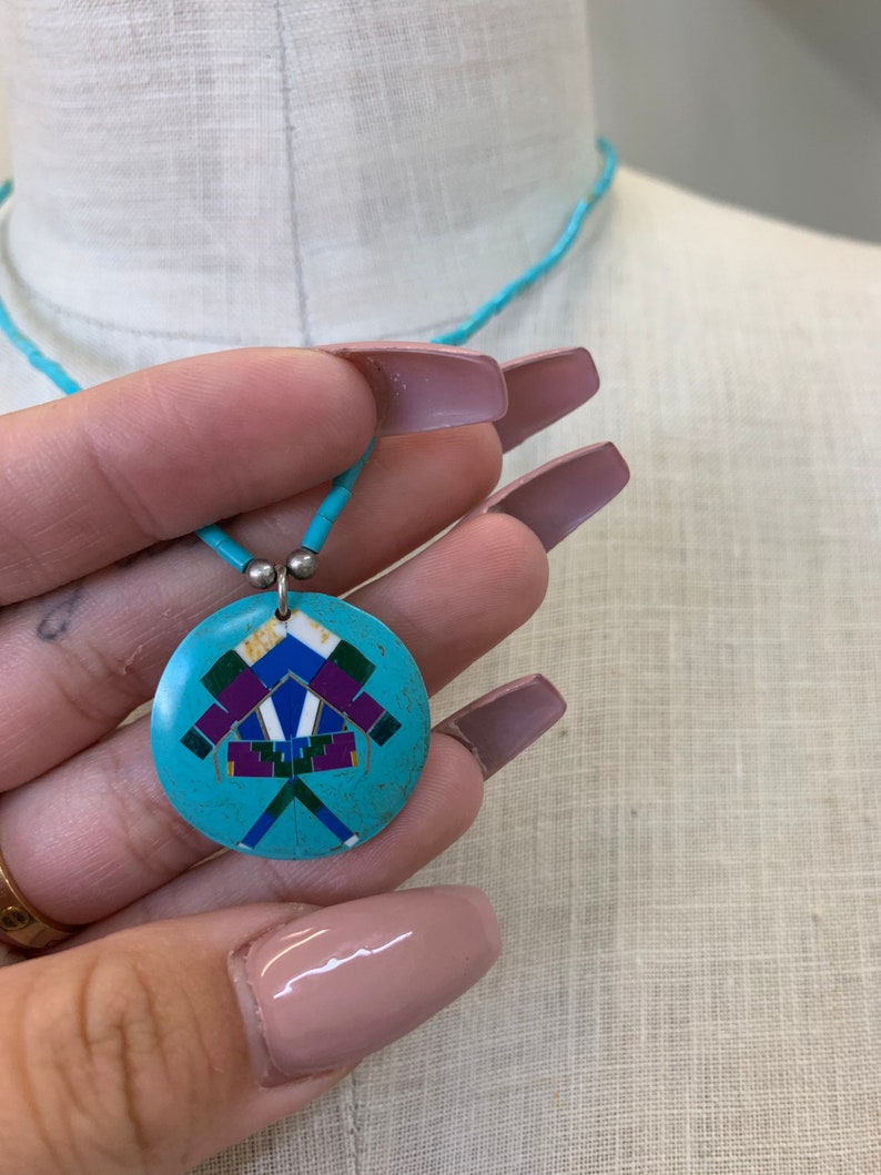 Stamped 925 Sterling Silver Turquoise Bead Gemstone Inlay Necklace