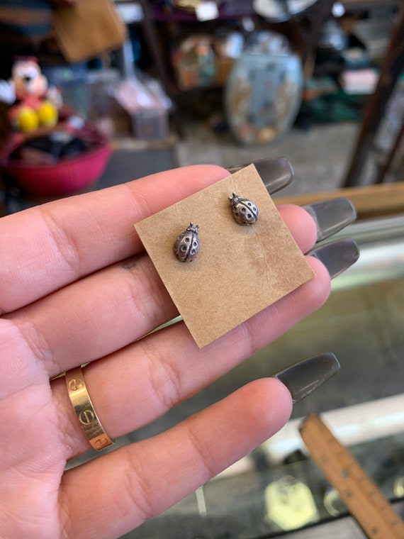 90s Sterling Silver Ladybug Stud Pierced Earrings - image 2