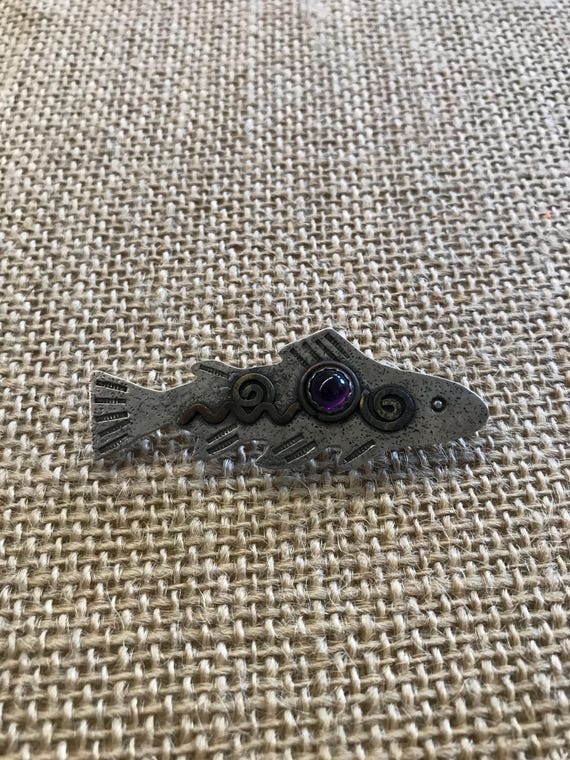 Vtg Artisan Made Sterling Silver Amethyst Fish Pin