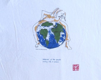 90's Vintage T Shirt Artwork Of John Lennon Imagine All The People Living Life In Peace Earth Print