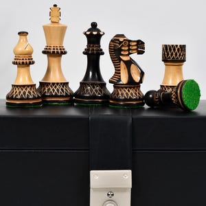 Wooden Chess Set Handcarved Weighted Burnt Boxwood 3.8&quot; King 34 Unique Pieces | Optional Chess Board and Storage Box