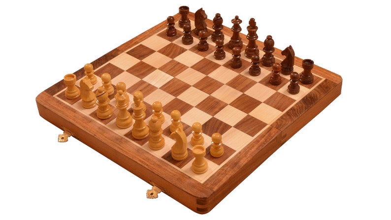 Traveling Magnetic Chess Set Hand Made Staunton Shesham Wood 14 x 14 Inches from India. SKU: S1232 image 2