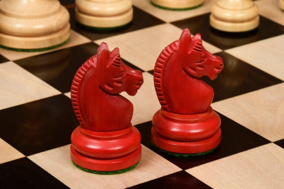 Combo of Reproduced Vintage 1930 German Knubbel Analysis Chess Pieces in  Stained Crimson and Boxwood - 3 King with Chess Board