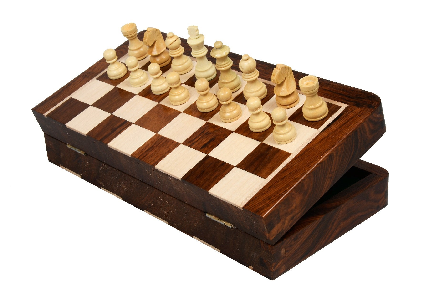 Travel Chess Set Folding Magnetic lacquer finish Sheesham 10&quot; - Portable Chess Set - Foldable Chess Set Board - Travel Friendly Chess Set