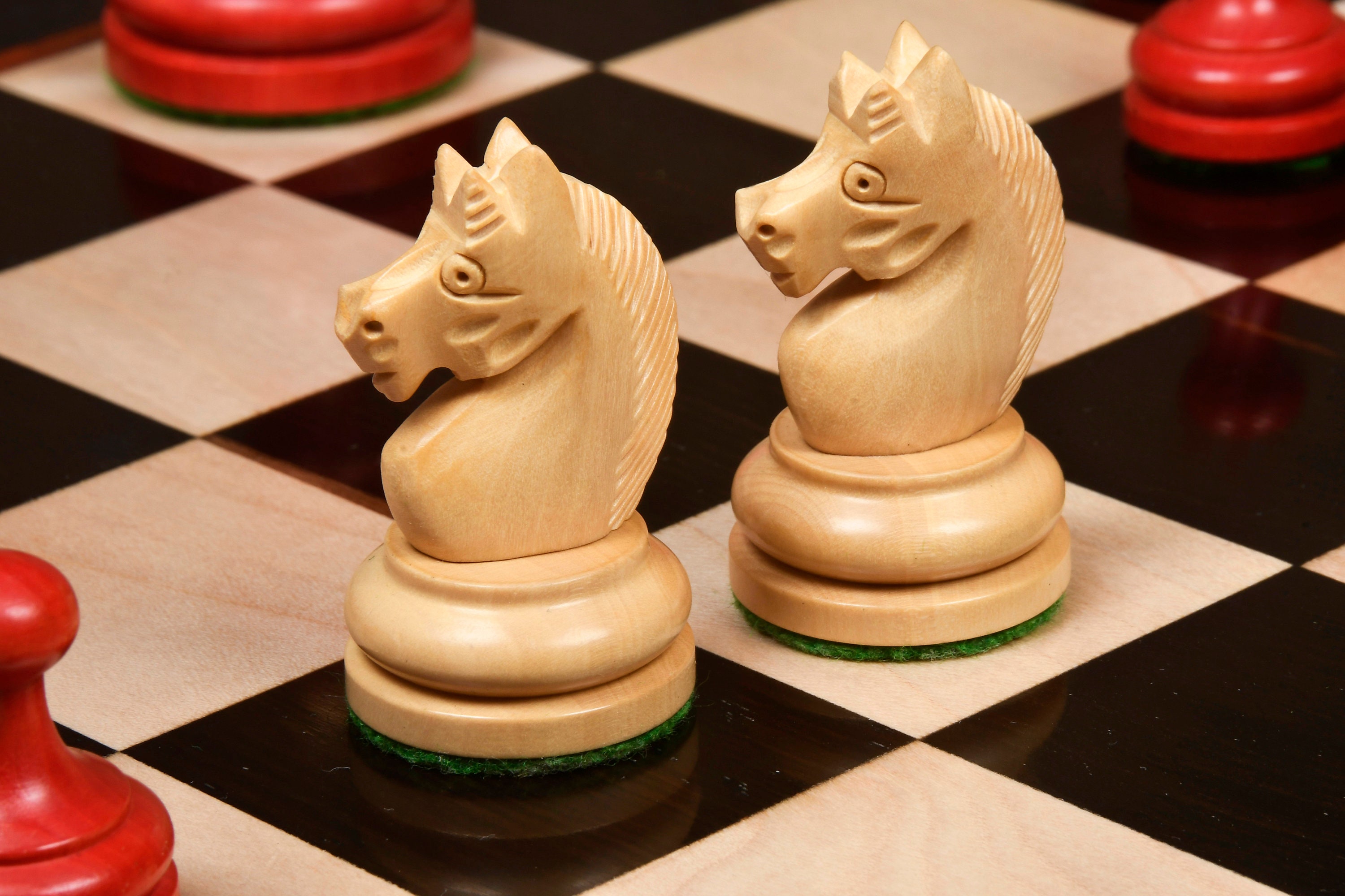 Combo of Reproduced Vintage 1930 German Knubbel Analysis Chess Pieces in  Stained Crimson and Boxwood - 2.91 King with Wooden Chess Board