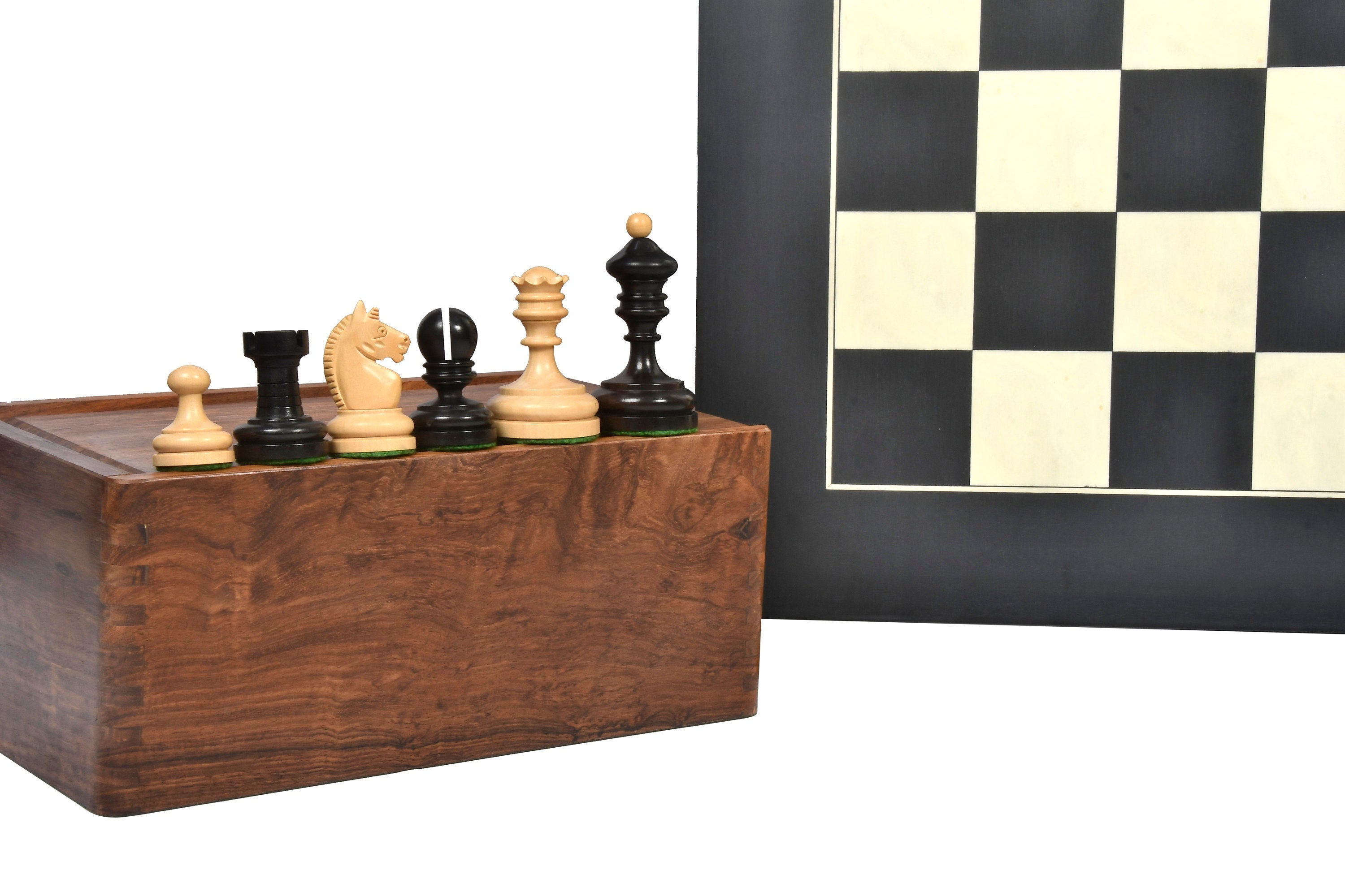 Combo of Reproduced Vintage 1930 German Knubbel Analysis Chess Pieces in  Stained Crimson and Boxwood - 2.91 King with Wooden Chess Board