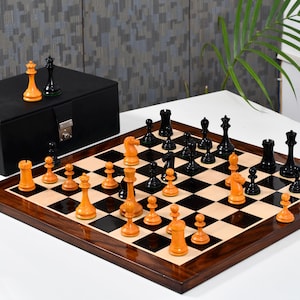 Chess Set 1860s Ebony / Antiqued Boxwood Chess Pieces 4&quot; King Vintage Style | Optional Chess Board and Chess Storage Box