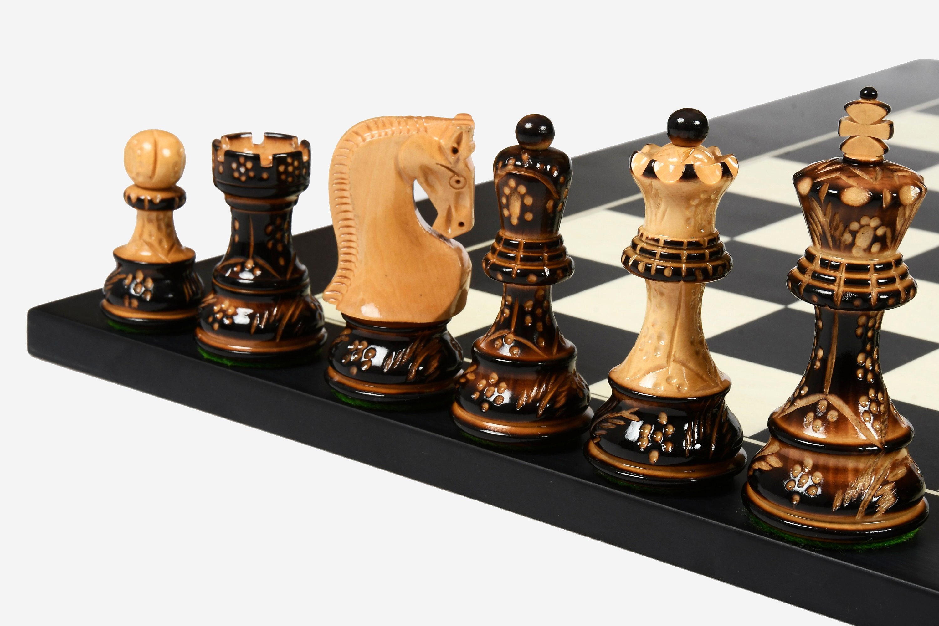 Vienna Coffee House Chess Set Ebony & Boxwood Pieces with Black & Ash Burl  Chess Board - 4 King