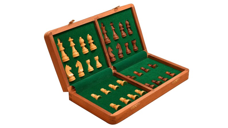 Traveling Magnetic Chess Set Hand Made Staunton Shesham Wood 14 x 14 Inches from India. SKU: S1232 image 1