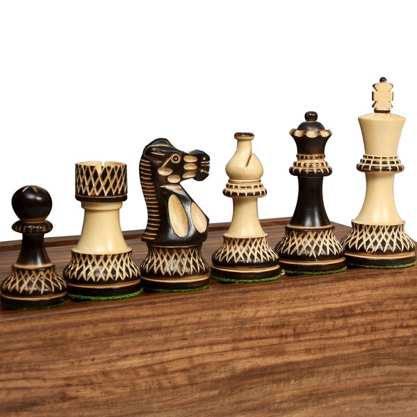 Handcarved Wooden Chess Set Weighted in Burnt Boxwood - 3.8" King 34 Unique Chess Pieces Only by chessbazaar Free Shipping SKU: M0039