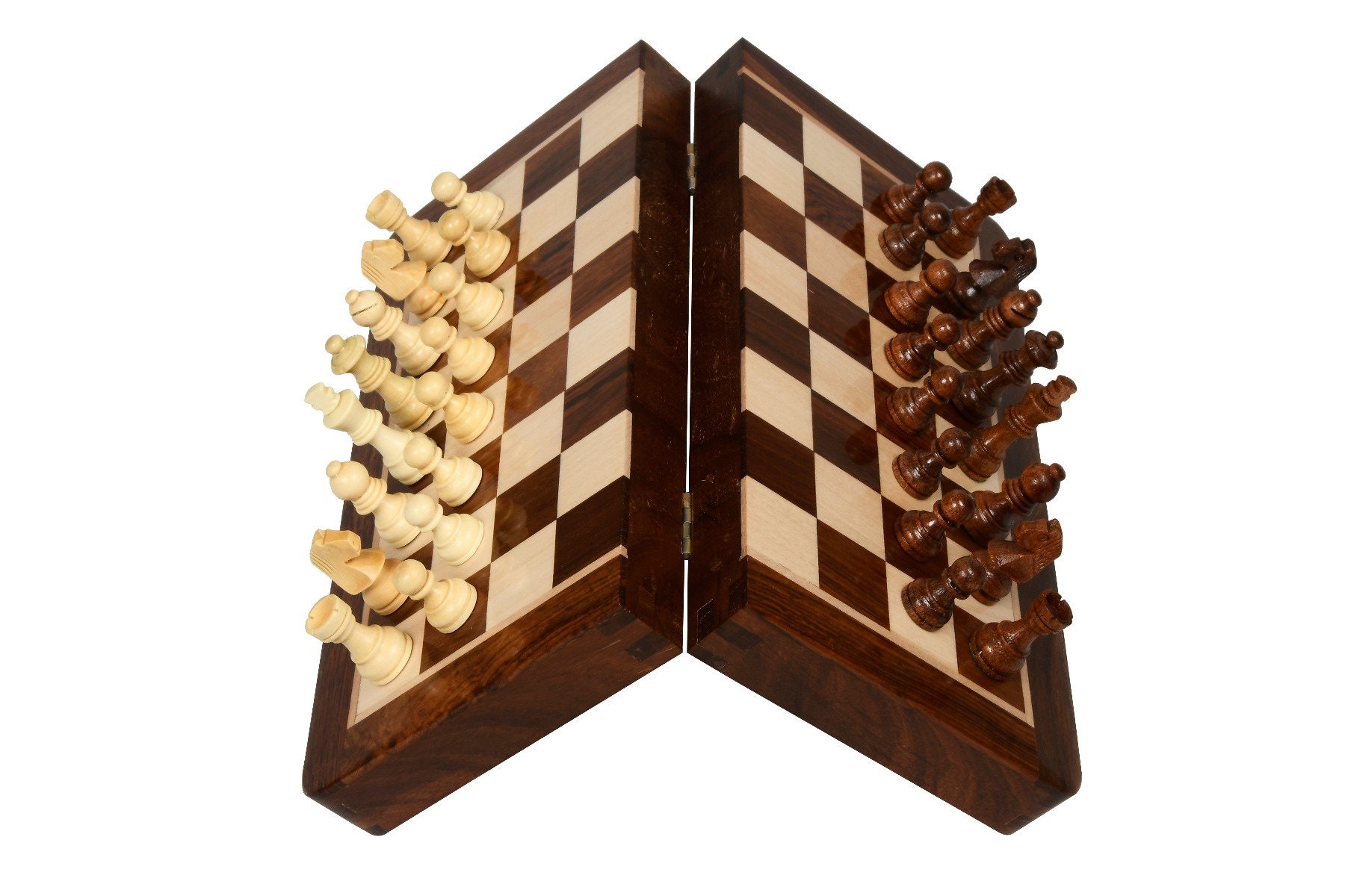 Travel Chess Set Folding Magnetic lacquer finish Sheesham 10&quot; - Portable Chess Set - Foldable Chess Set Board - Travel Friendly Chess Set