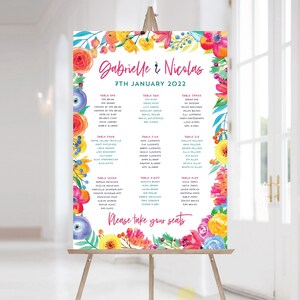 Bunte tropische Blumen Hochzeit Tischplan, helle Blumen Hochzeitspapier, Sitztabelle