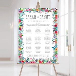 Colourful Bouquet Wedding Table Plan, Bright Flowers, Colourful Wedding, Tropical Fiesta, Colourful Table Plan, BC