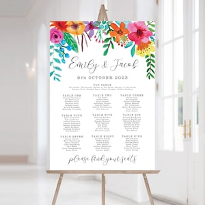 Kleurrijke Bloemen Fun Bruiloft Tafel Plan, Heldere Bloemen Bruiloft Briefpapier, Zitkaart, Tropisch Feest, Kleurrijk Zitplan, CF