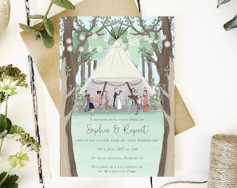 Tipi Wedding Invite Sample, Teepee Wedding, Boho Outdoor Party, Tipi Wedding, Woodland, Couple Portrait Illustration, TP