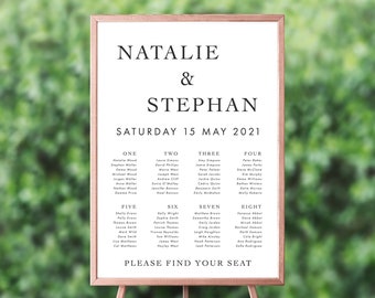 Simple Typography Black and White Wedding Table Plan, Modern Seating Chart