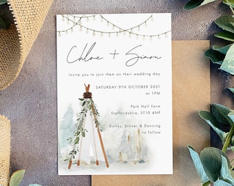 Boho Watercolour Tipi Wedding Invite Sample, Teepee and Foliage with Festoon Lights, Outdoor Wedding, Boho Wedding, Foliage, BT