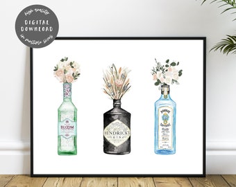 Gin Bottles Floral Print - Instant Download - Print at Home, boho Gin printable art