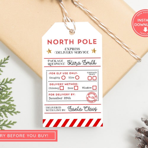 North Pole Special Delivery Tag Template Santa Gift Tags Merry - Etsy