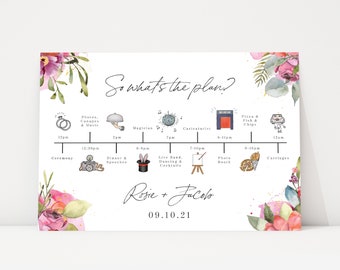 Colourful English Garden Flowers Pink and Gold Wedding Order of the Day Sign, Wildflowers Wedding timeline